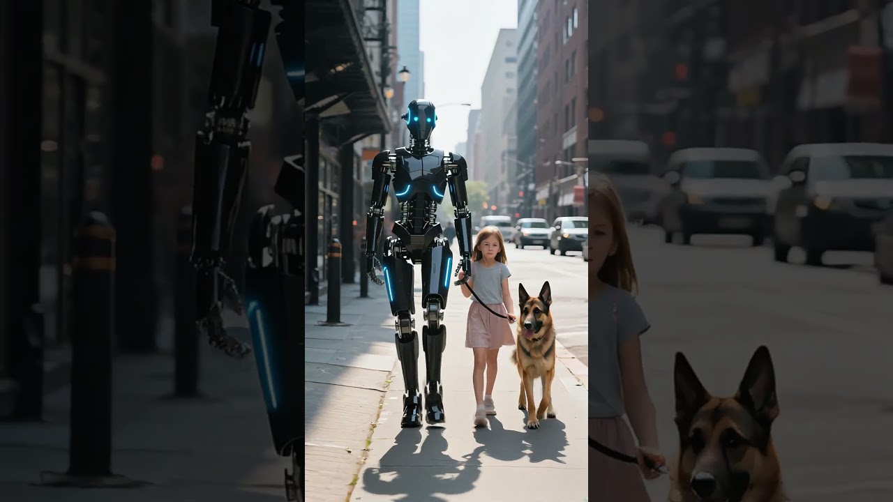 Humanoid robot og liten jente går sammen på gaten – et blikk på fremtidens teknologi