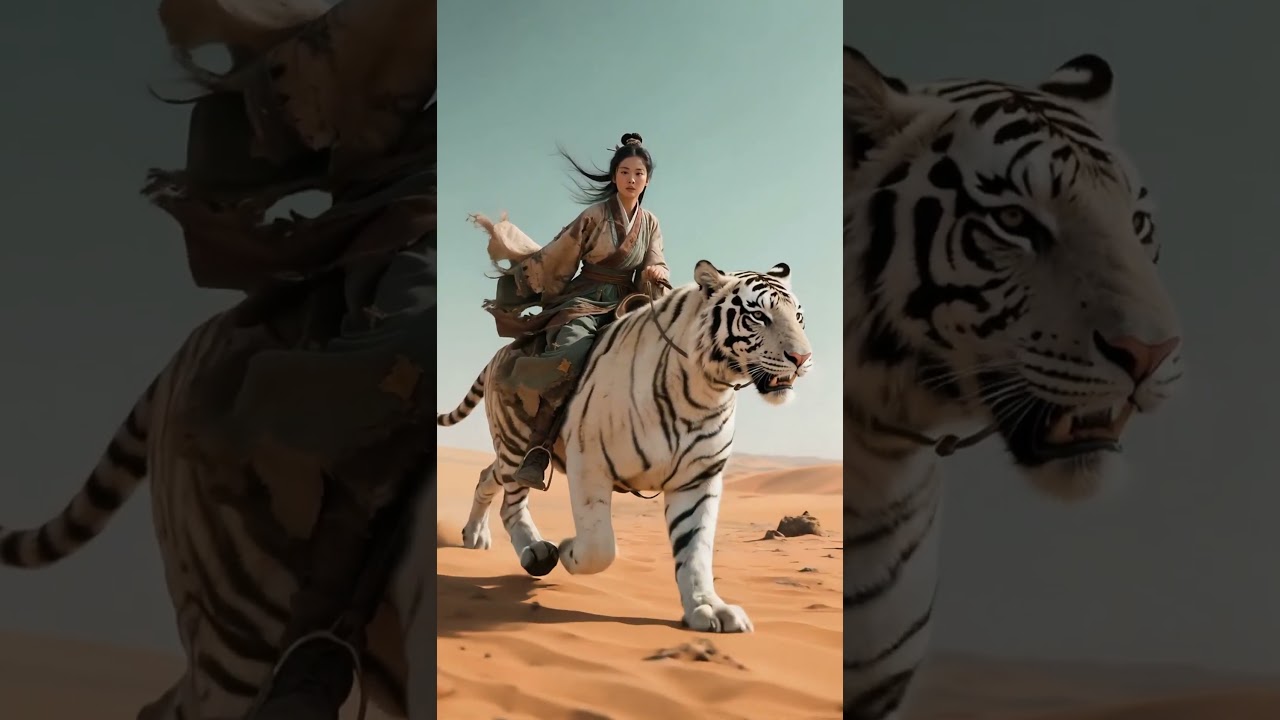 En vakker kvinne rir på en diger hvit tiger – spektakulært skue