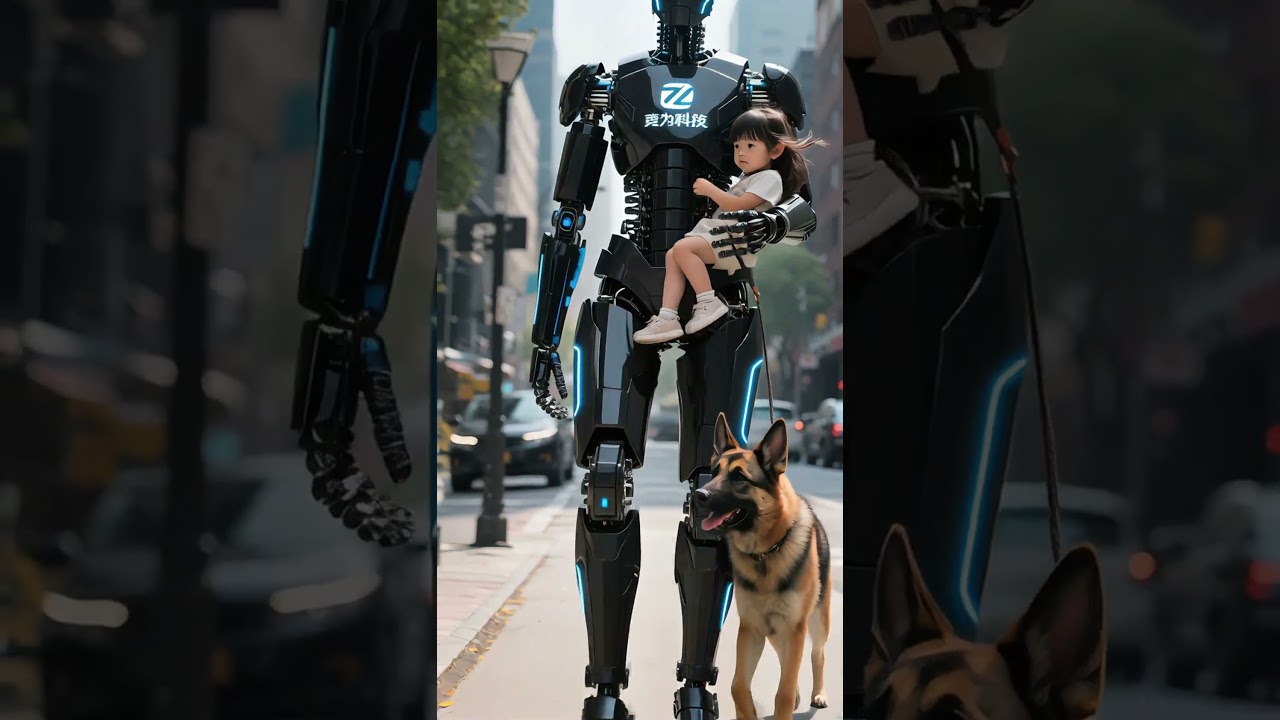 Humanoid robot bærer liten jente trygt gjennom bygatene – futuristisk teknologi i praksis